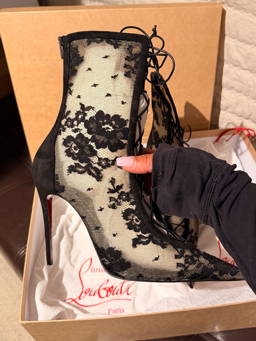 Christian Louboutin Black Lace Pointed Lace-Up Ankle Boots with Red Sole - Picture 9 of 10